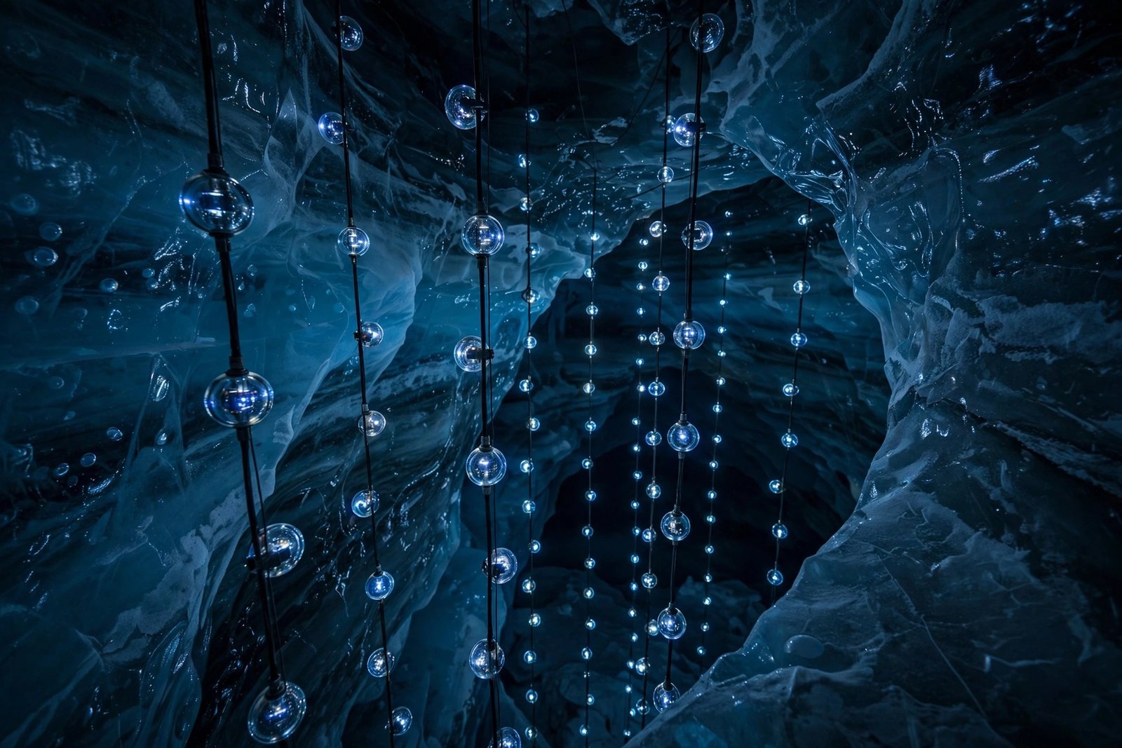 The IceCube Neutrino Observatory's light sensors frozen deep in Antarctic ice near the South Pole