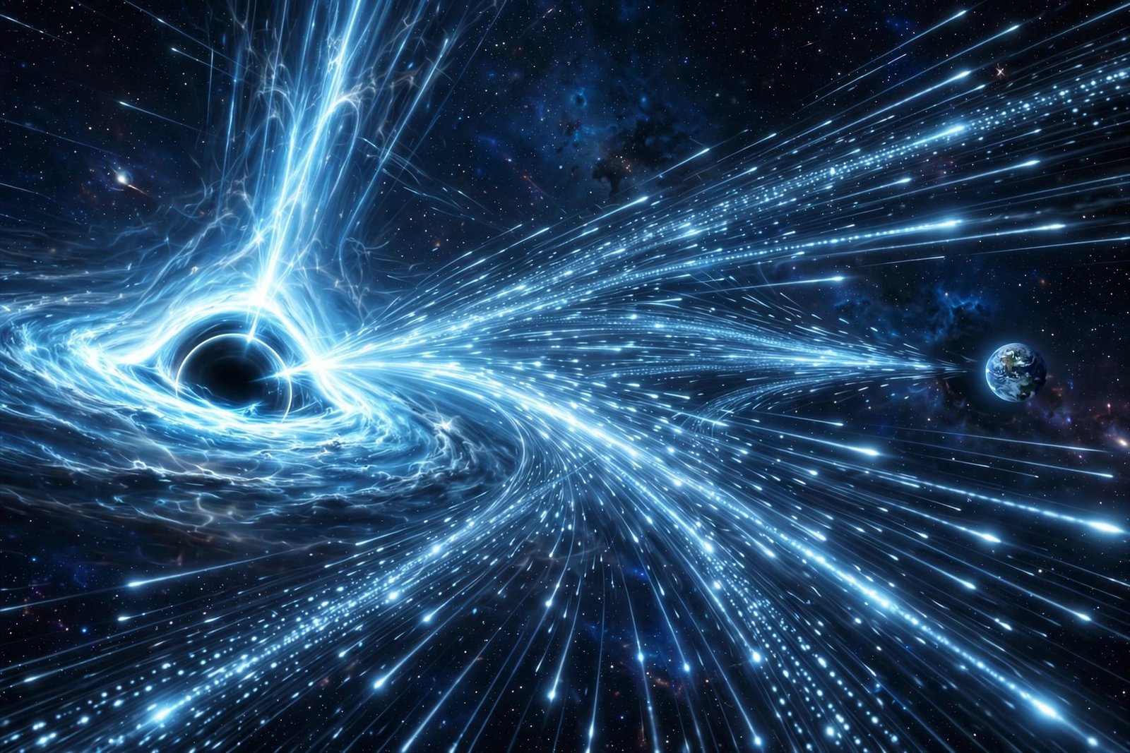 An artist's impression of high-energy neutrinos streaming from a distant blazar toward Earth