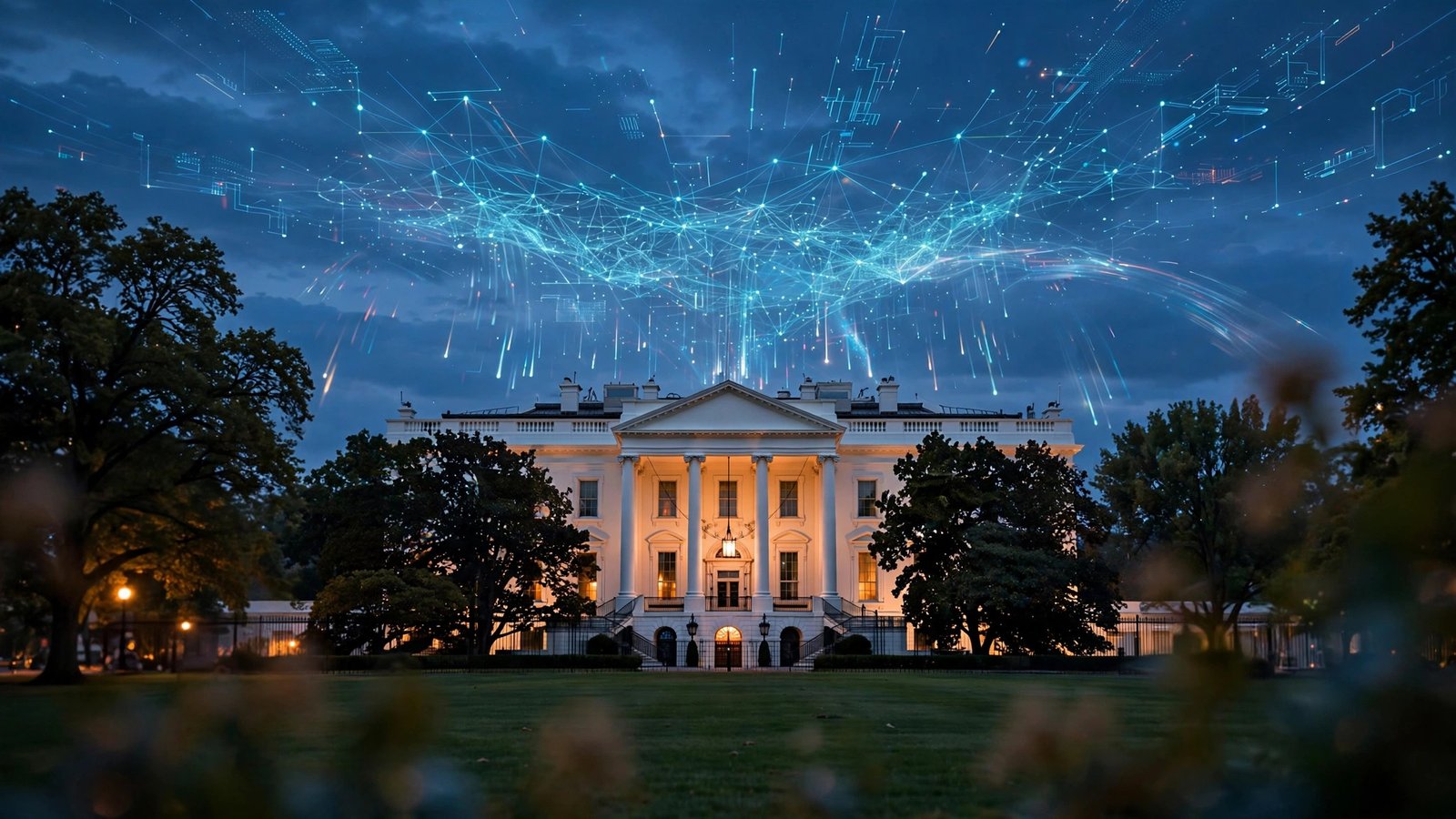 The White House at dusk under a holographic AI neural network
