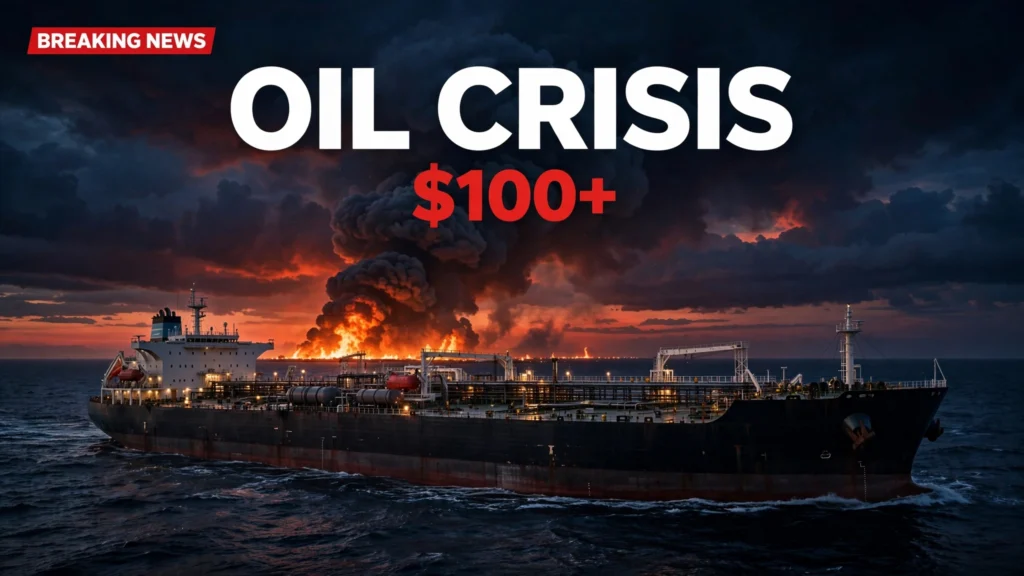 Oil tanker at sea with fire glow on horizon — oil prices today as Brent crude holds above $100