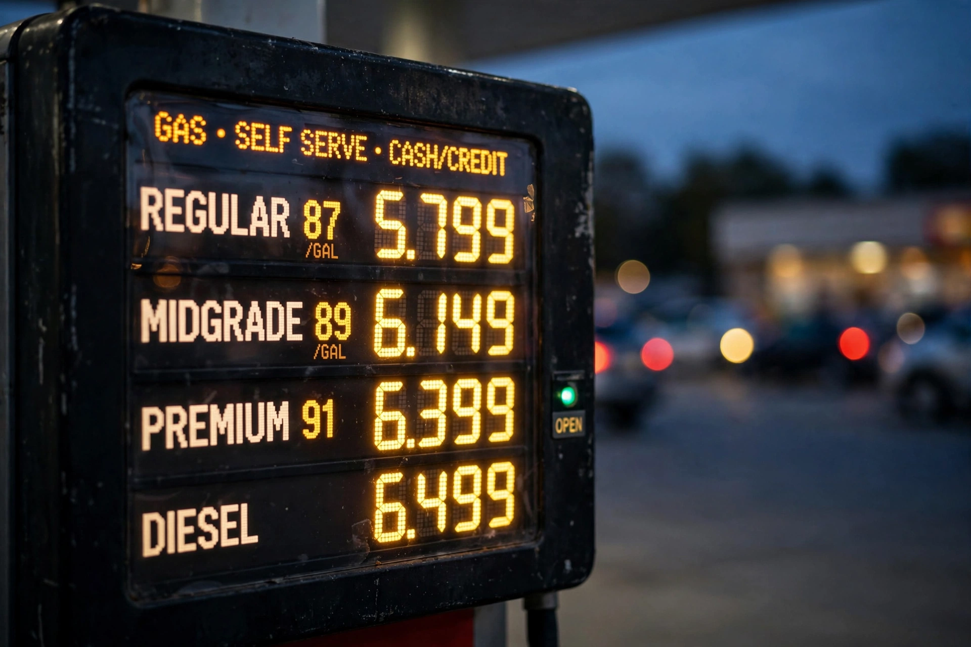 High fuel prices displayed on a gas station price board at dusk