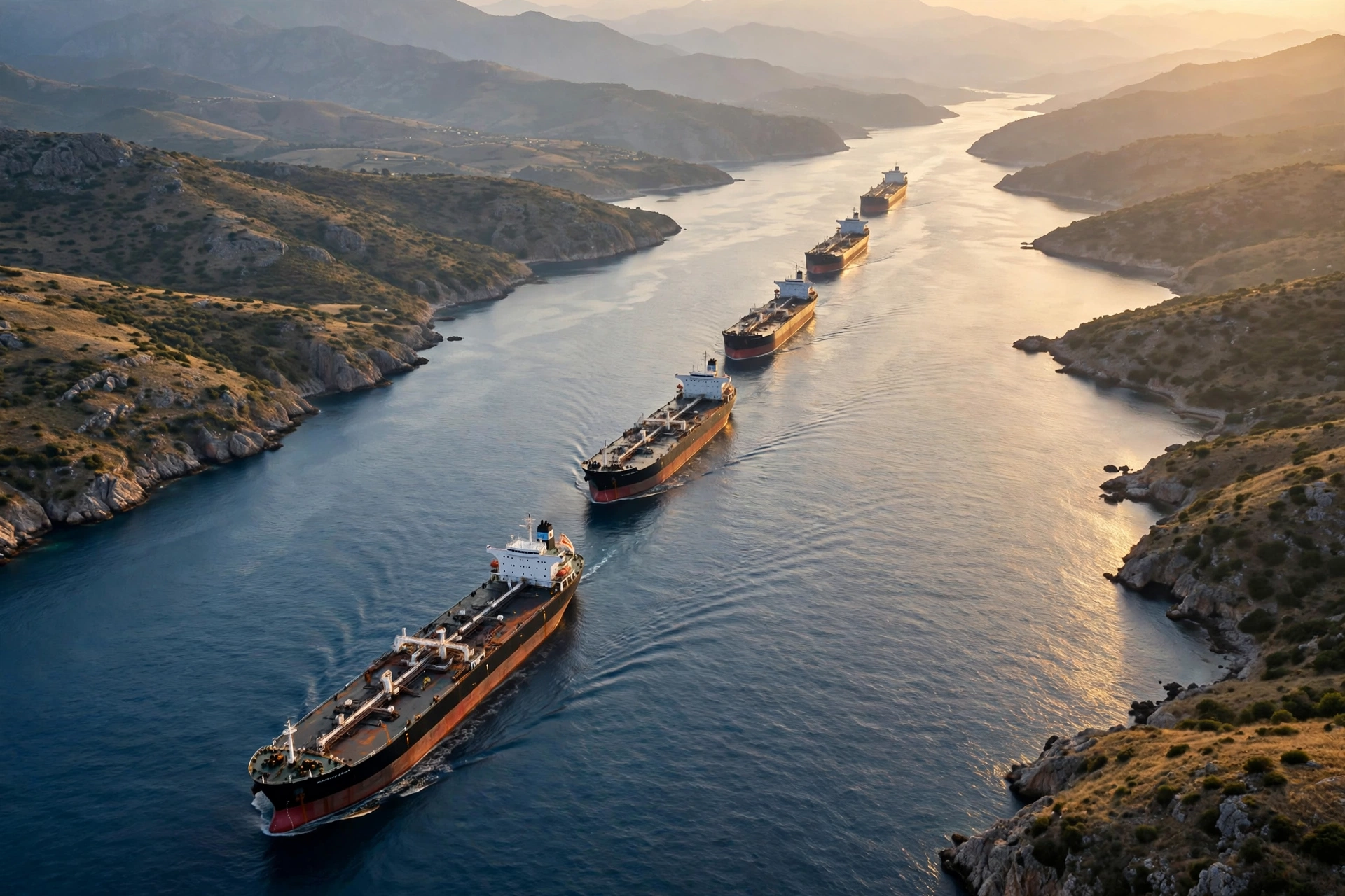 Oil tankers navigating the Strait of Hormuz at sunset