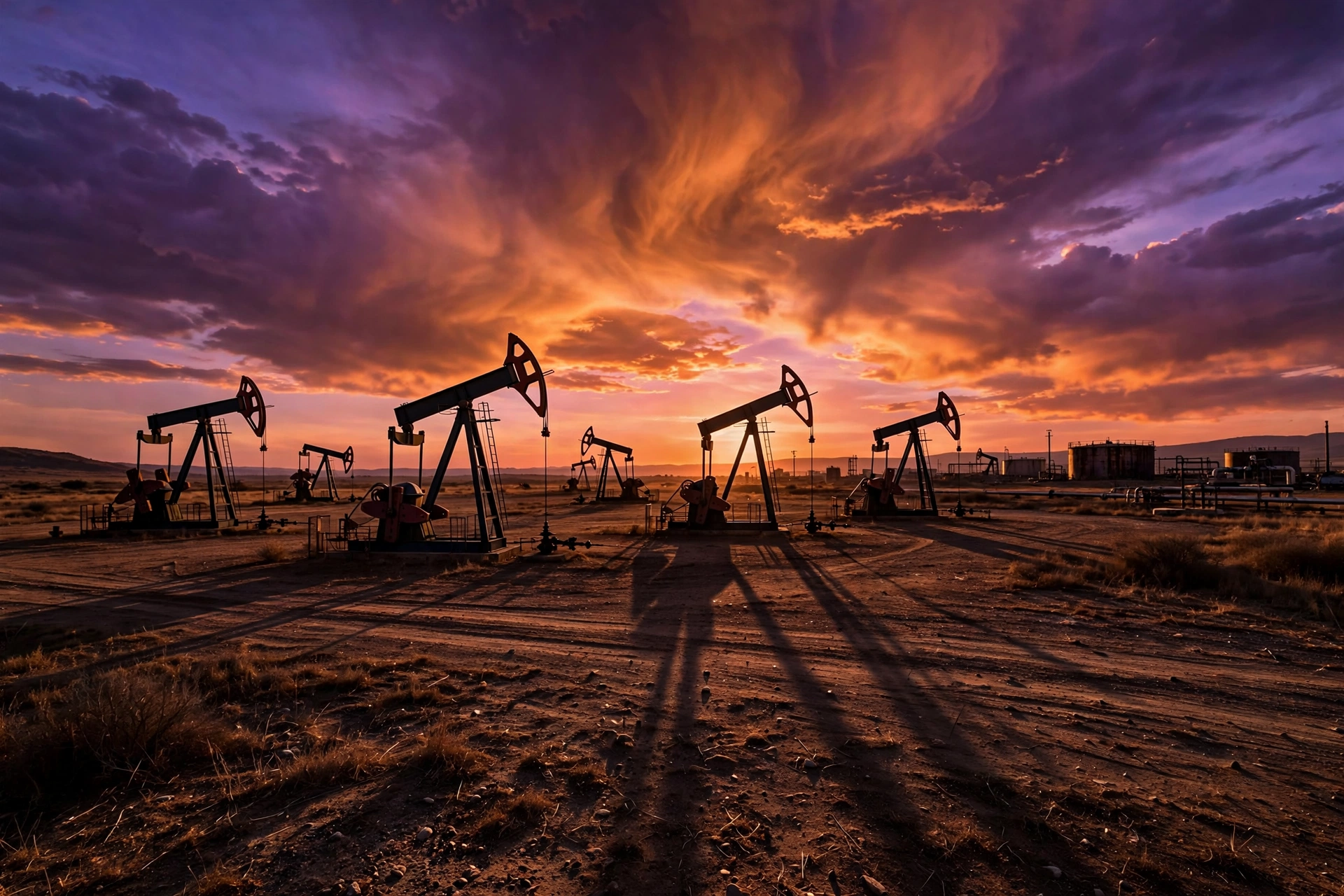 Oil pumpjacks silhouetted against a sunset sky as crude prices climb