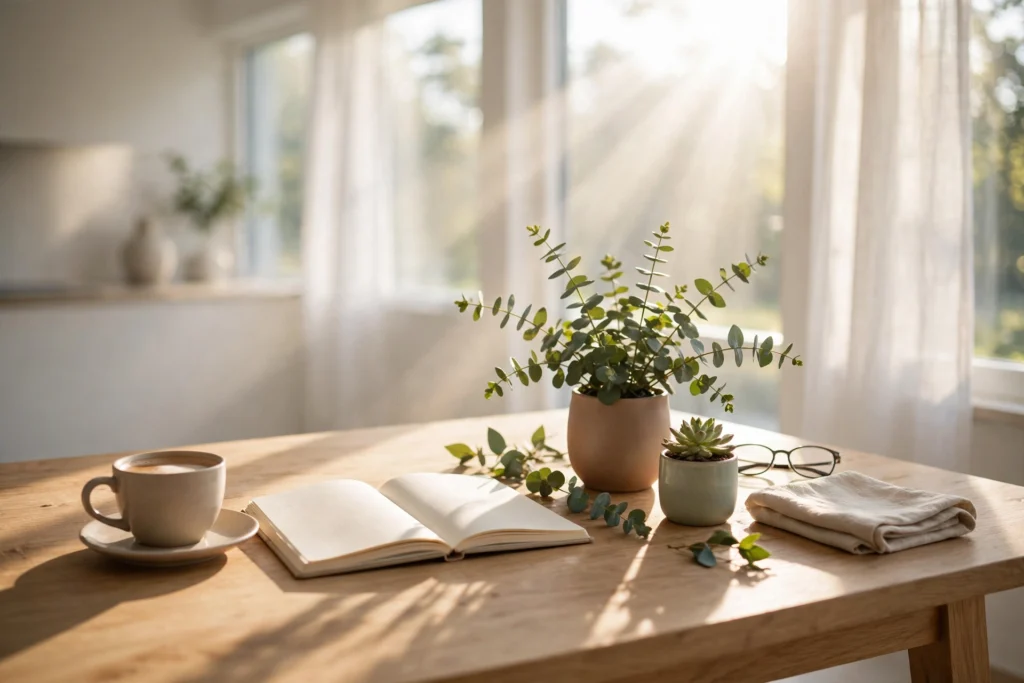 A person enjoying a calm morning wellness routine at sunrise