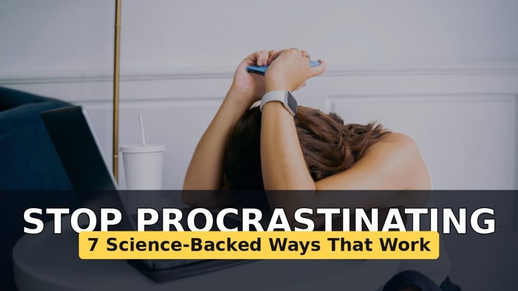 Woman overwhelmed at desk with laptop and phone — how to stop procrastinating